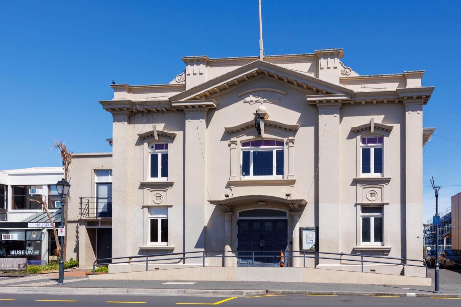 The 1917 Papatoetoe Town Hall facade on St George Street, Old Papatoetoe.